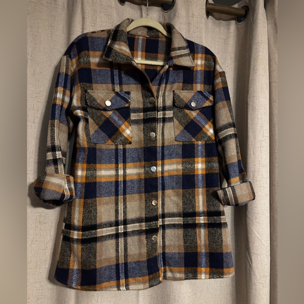 Trendy Boutique Blue, burnt orange, black and Tan Plaid!